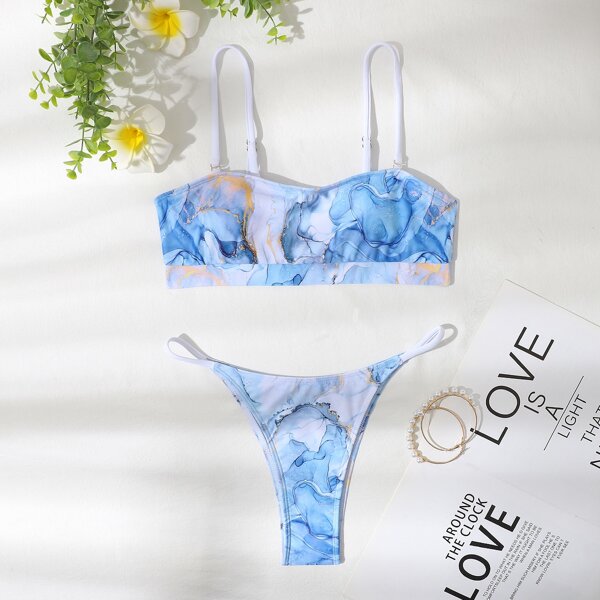 

Marble Print Thong Bikini Swimsuit, Multicolor