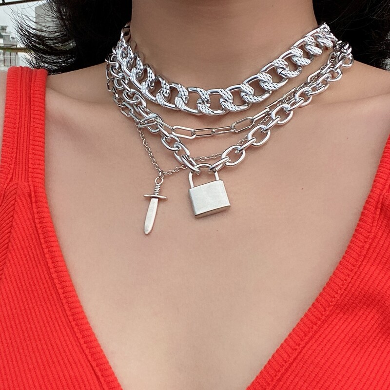 

4pcs Lock Decor Chain Necklace, Silver