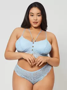 Plus Floral Lace Lingerie Set - Baby Blue - View 4
