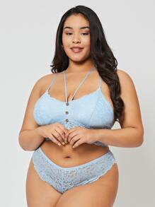 Plus Floral Lace Lingerie Set - Baby Blue - View 5
