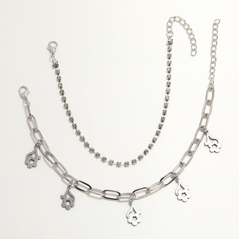 

2pcs Flower Rhinestone Anklet, Silver