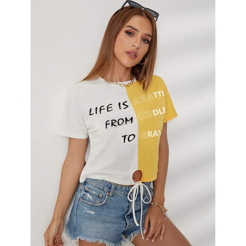 

Letter Graphic Colorblock Crew Neck Tee, Multicolor