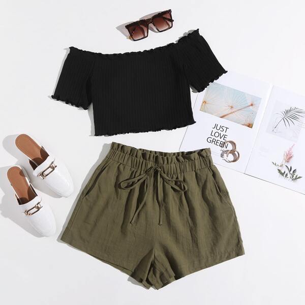 

Plus Off Shoulder Tee and Paperbag Waist Shorts Set, Multicolor