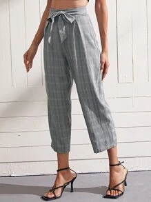 SHEIN Pantalones de cuadros con cinturón - Blanco y Negro - Ver 1