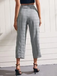 SHEIN Pantalones de cuadros con cinturón - Blanco y Negro - Ver 2