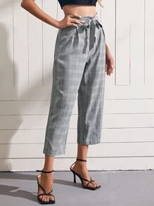 SHEIN Pantalones de cuadros con cinturón - Blanco y Negro - Ver 3