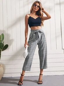 SHEIN Pantalones de cuadros con cinturón - Blanco y Negro - Ver 4