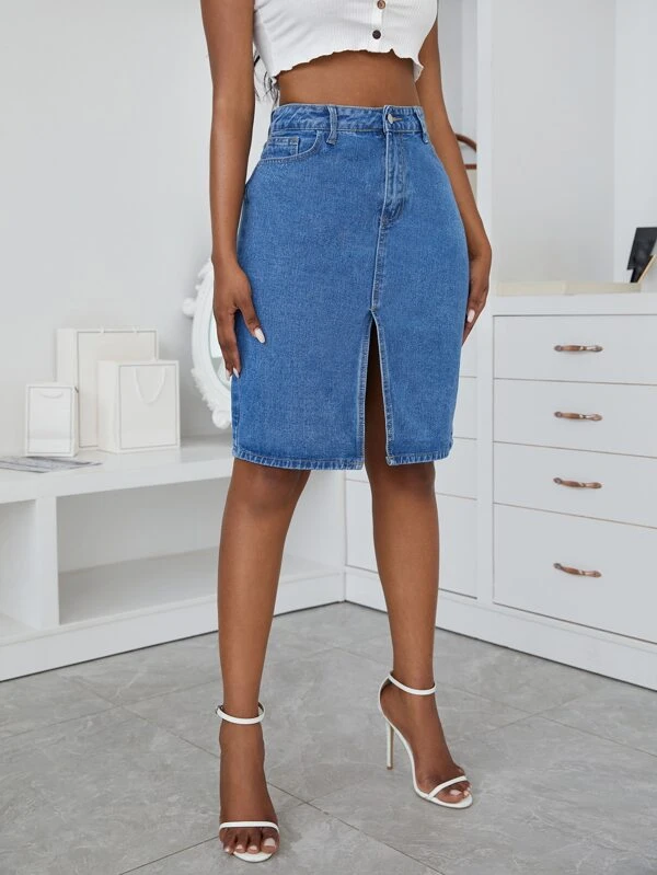 High Waist Slit Hem Denim Skirt -SHEIN