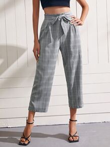 SHEIN Pantalones de cuadros con cinturón - Blanco y Negro - Ver 5