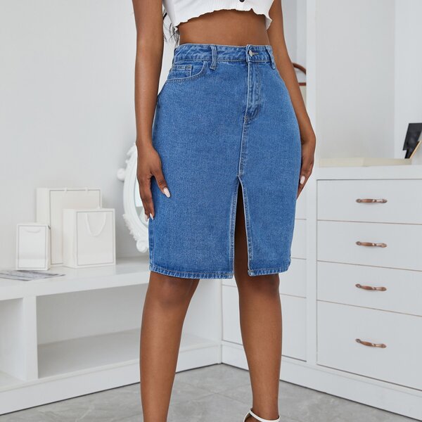 

High Waist Slit Hem Denim Skirt, Medium wash