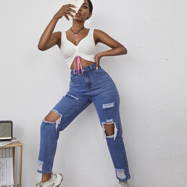 

Zipper Fly Ripped Detail Jeans, Medium wash