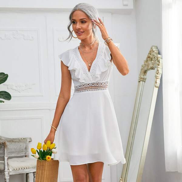 

Lace Insert Ruffle Trim Dress, White