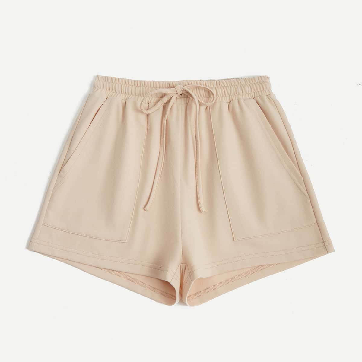 

Solid Drawstring Tie Front Shorts, Beige