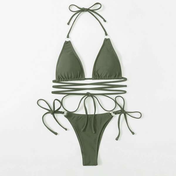 

Ring Linked Triangle Tie Side Bikini Swimsuit, Green