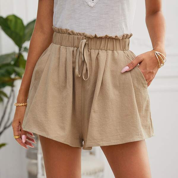 

Paperbag Knot Waist Slant Pocket Shorts, Apricot