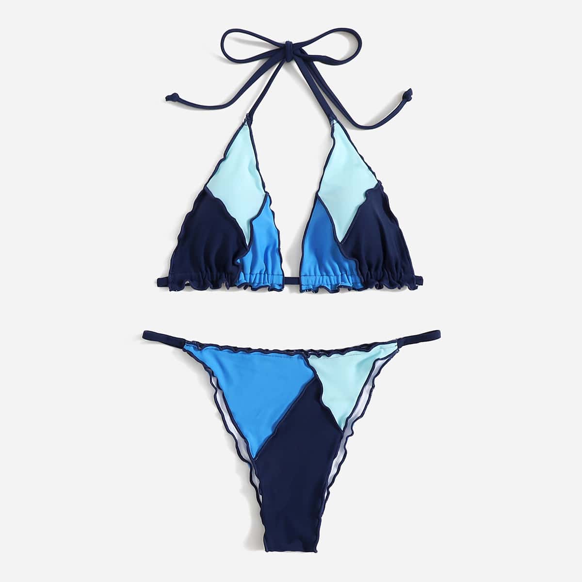 

Patchwork Lettuce Trim Halter Bikini Swimsuit, Blue
