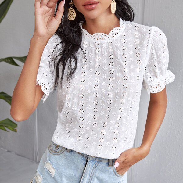 

Mock Neck Eyelet Embroidery Blouse, White