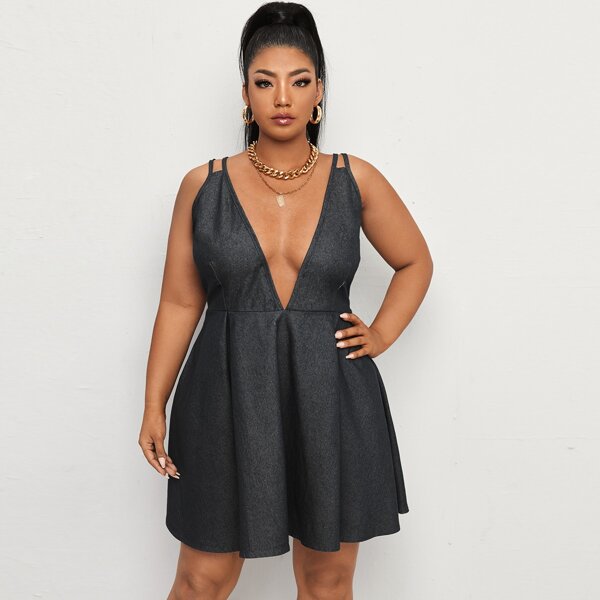 

Plus Plunging Neck Backless Denim Dress, Dark grey