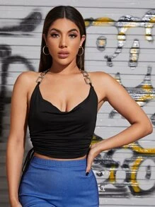 SHEIN لباس علوي برسن بسلسلة مكشكش برباط - الأسود - مشاهدة 4