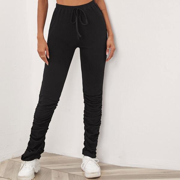 

Tie Front Ruched Rib-knit Pants, Black