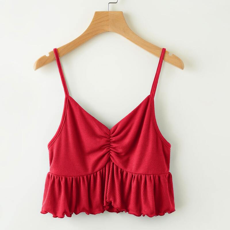 

Solid Ruched Ruffle Hem Cami, Red