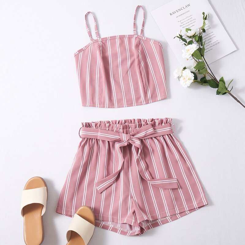 

Striped Shirred Crop Cami & Belted Shorts, Dusty pink