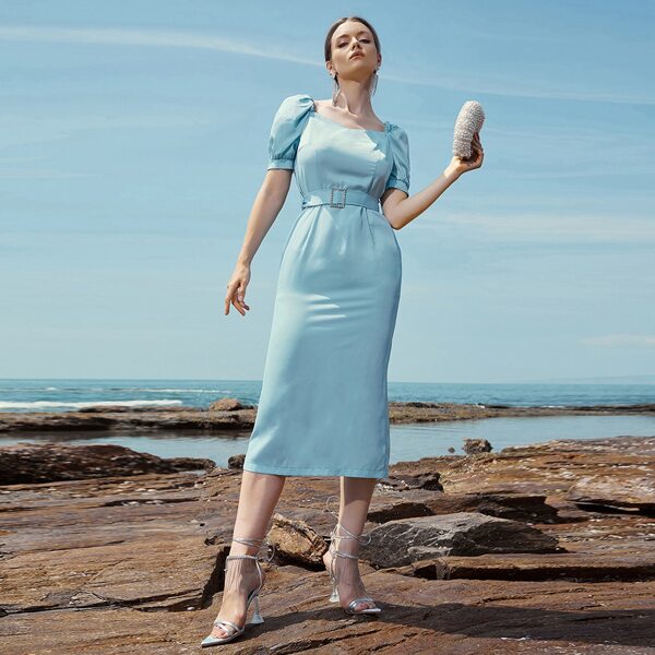 

Solid Puff Sleeve Fitted Dress, Baby blue