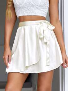 Knot Side Mini Satin Skirt - Beige - View 1