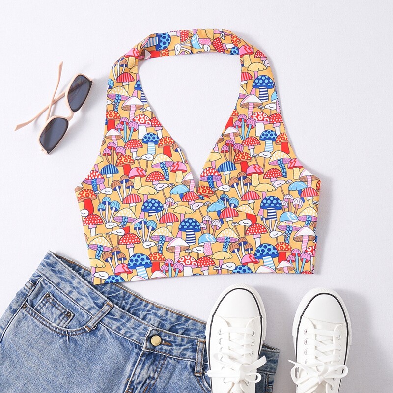 

Mushroom Graphic Bow Back Halter Top, Multicolor