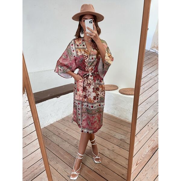 

Paisley & Floral Print Belted Dress, Multicolor
