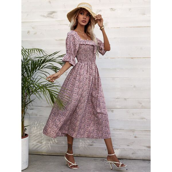 

Bell Sleeve Shirred Ruffle Trim Ditsy Floral Dress, Multicolor