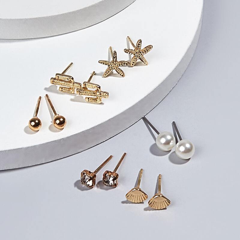 

6pairs Cactus & Shell Design Stud Earrings, Gold
