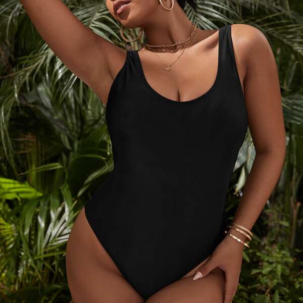 

Plus Cut Out Back One Piece Swimsuit, Black