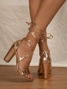 Metallic Chunky Heeled Gladiator Sandals - Champagne - View 4
