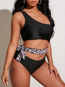 Plus Cut Out One Shoulder One Piece Swimsuit - Black - View 4