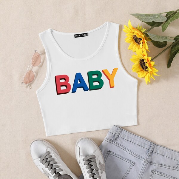

Scoop Neck Letter Graphic Tank Crop Top, White