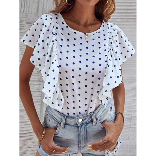 

Polka Dot Ruffle Trim Keyhole Back Top, White