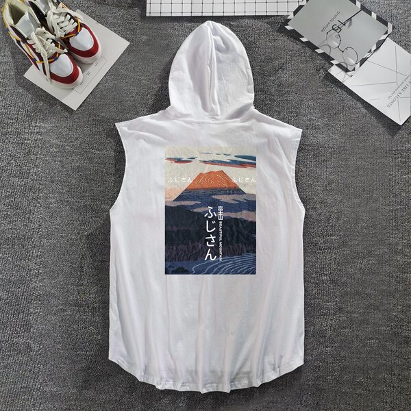 

Men Japanese Letter Print Hooded Tank Top, White