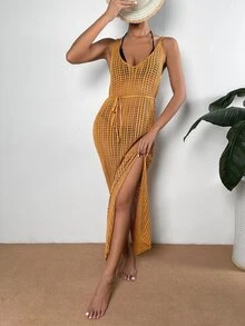 Slits stickad blus - Senapsgul - Visa 4
