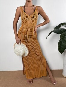 Slits stickad blus - Senapsgul - Visa 5