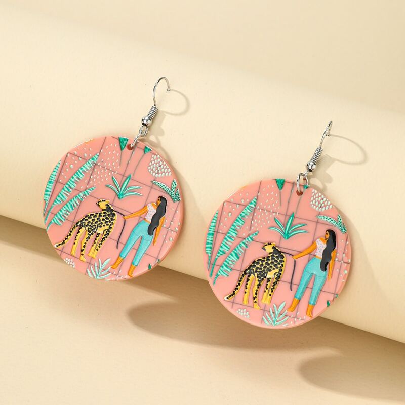 

Leopard & Figure Round Drop Earrings, Pink