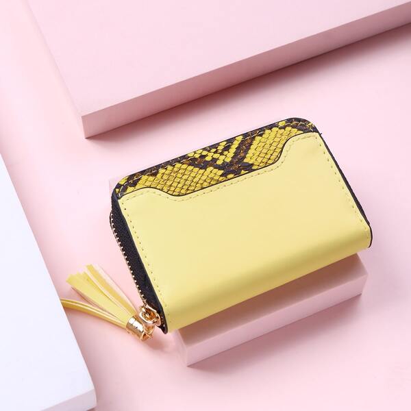 

Tassel Decor Snakeskin Print Small Wallet, Yellow