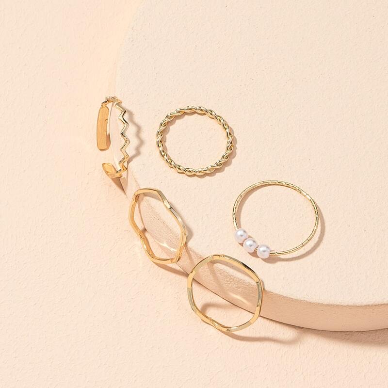 

5pcs Faux Pearl Ring, Gold