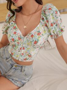 Allover Floral Puff Sleeve Zipper Front Crop Blouse - Multicolor - View 1