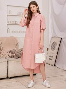 SHEIN Collared Roll Up Sleeve Curved Hem Shirt Dress - Baby Pink - View 1
