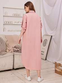 SHEIN Collared Roll Up Sleeve Curved Hem Shirt Dress - Baby Pink - View 2