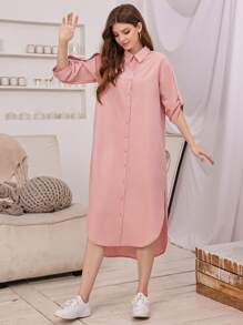 SHEIN Collared Roll Up Sleeve Curved Hem Shirt Dress - Baby Pink - View 3