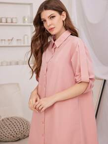 SHEIN Collared Roll Up Sleeve Curved Hem Shirt Dress - Baby Pink - View 4