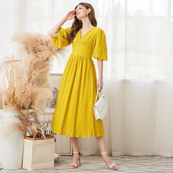 

V-neck Lantern Sleeve Button Front Textured Dress, Yellow