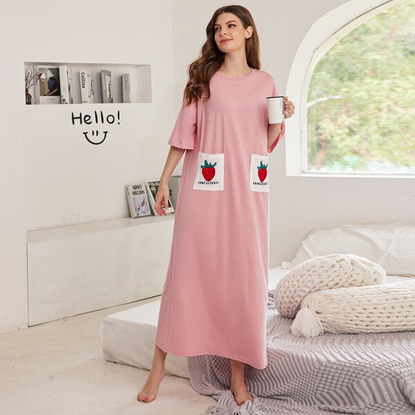 

Strawberry Embroidered Patch Pocket Sleepshirt, Pink